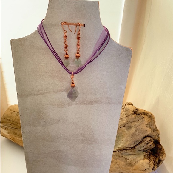 Fluorite Octahedron Crystal Pendant & Earrings Set - Picture 4 of 8